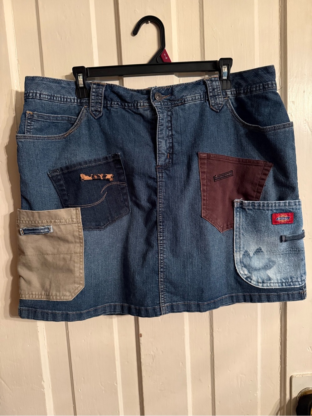 St. John's Bay Patchwork Denim Mini Skirt in Blue with Tan and brown Pockets